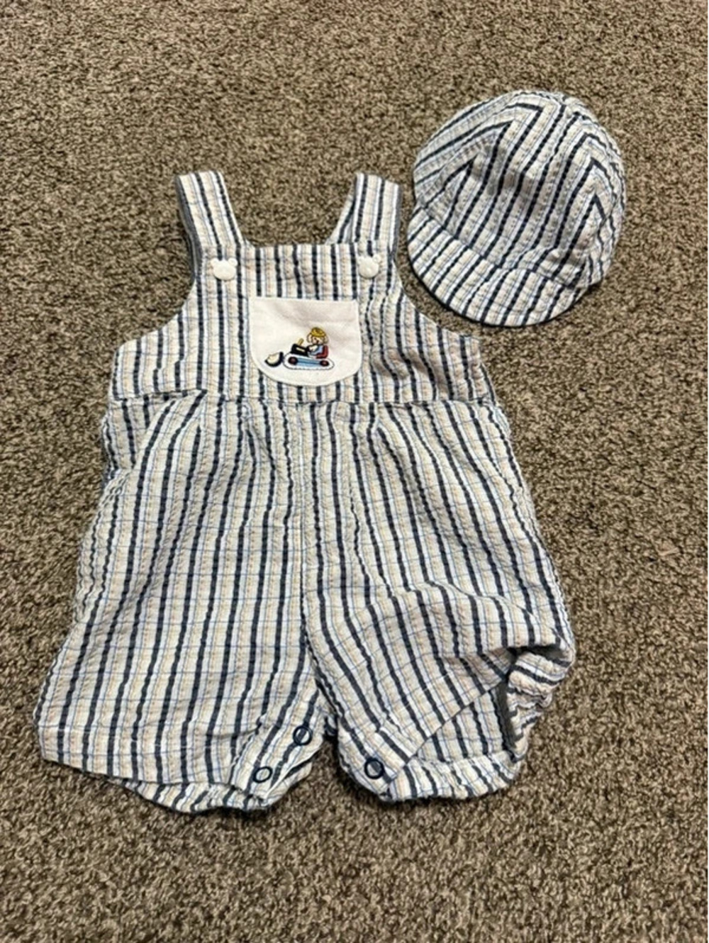 Vintage Baby Striped Seersucker Romper Matching Hat 3-6M Sailboat